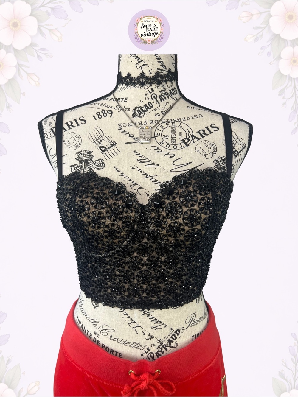 Vintage bebe Beaded Bustier Crop Top • Y2K Black Cropped Tank Top • Size S